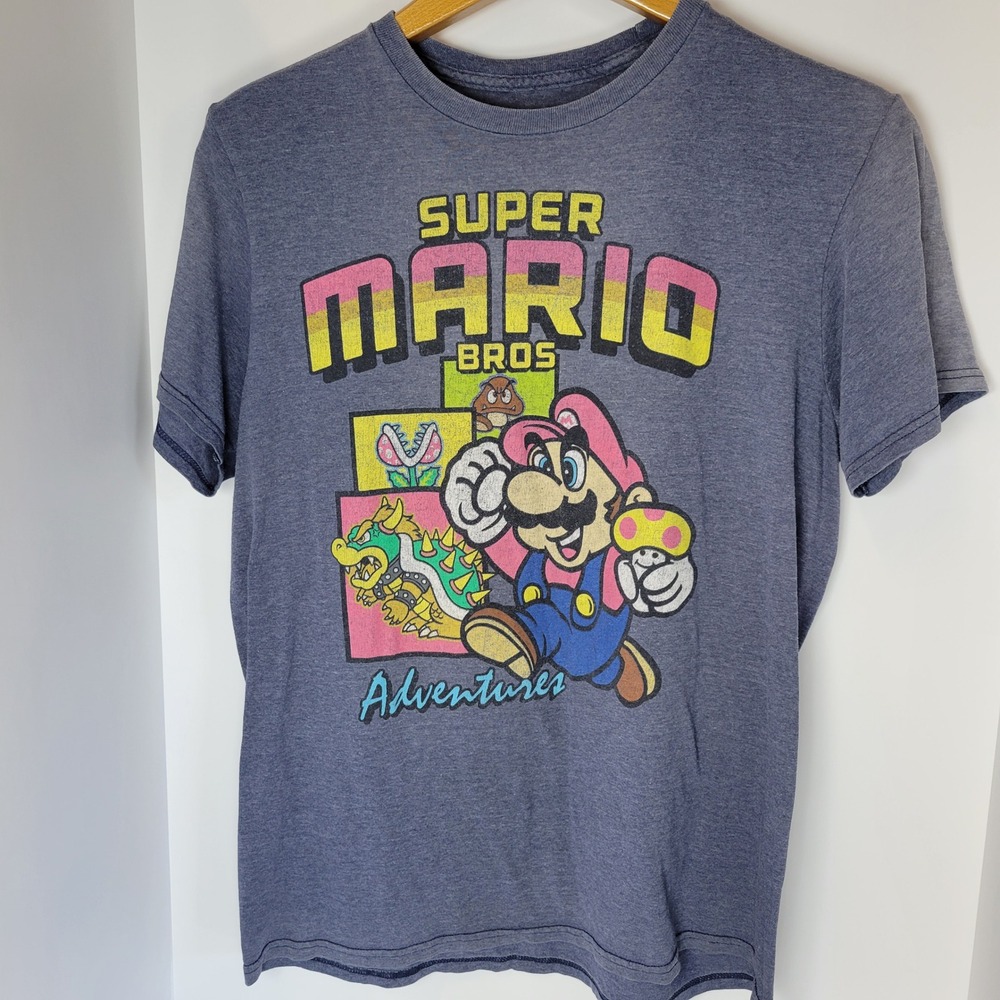 Nintendo Super Mario Bros Adventures T-Shirt Mens Medium Blue Graphic Retro Tee